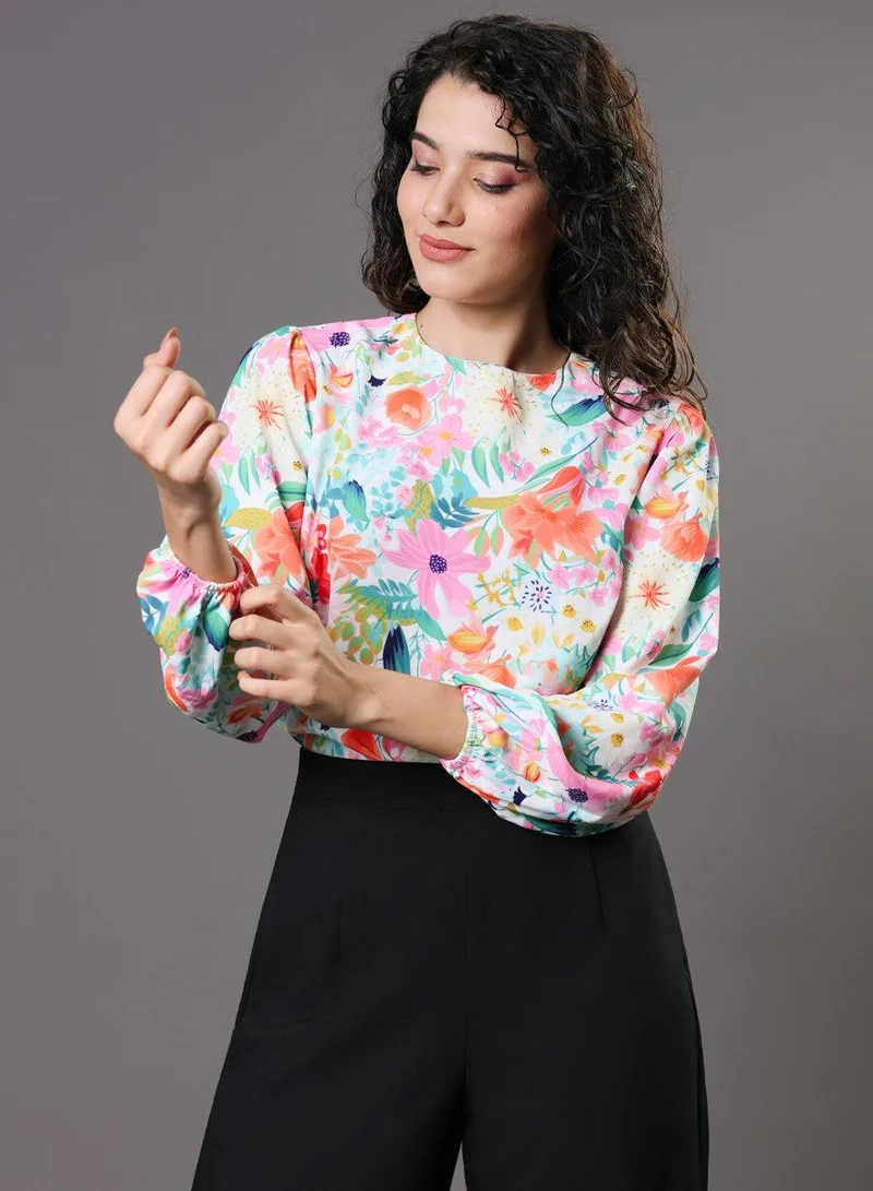 Zigzag  Multi Color Floral Elastic Sleeve Top for Women | Best Price UAE